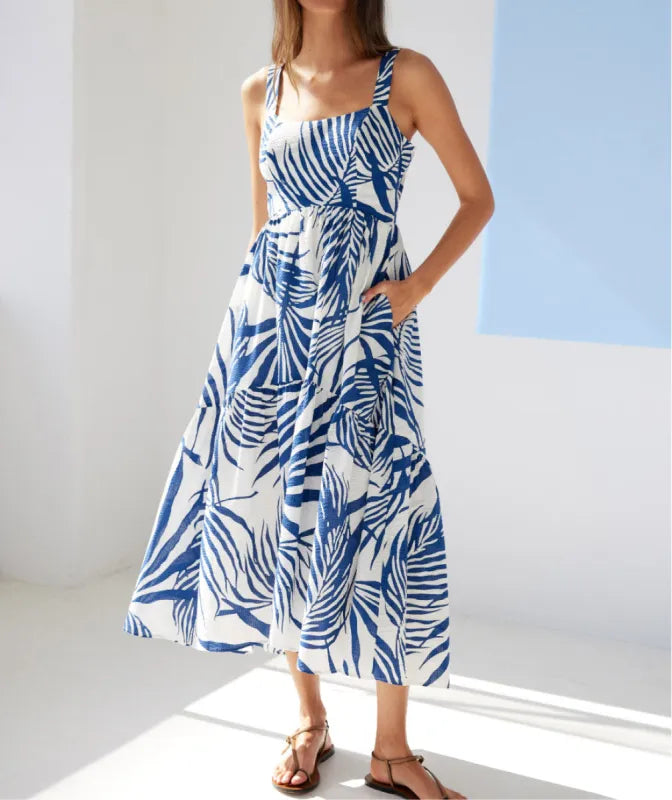 AYR The Magic Moment Dress in Blue Palm Print - Size Medium
