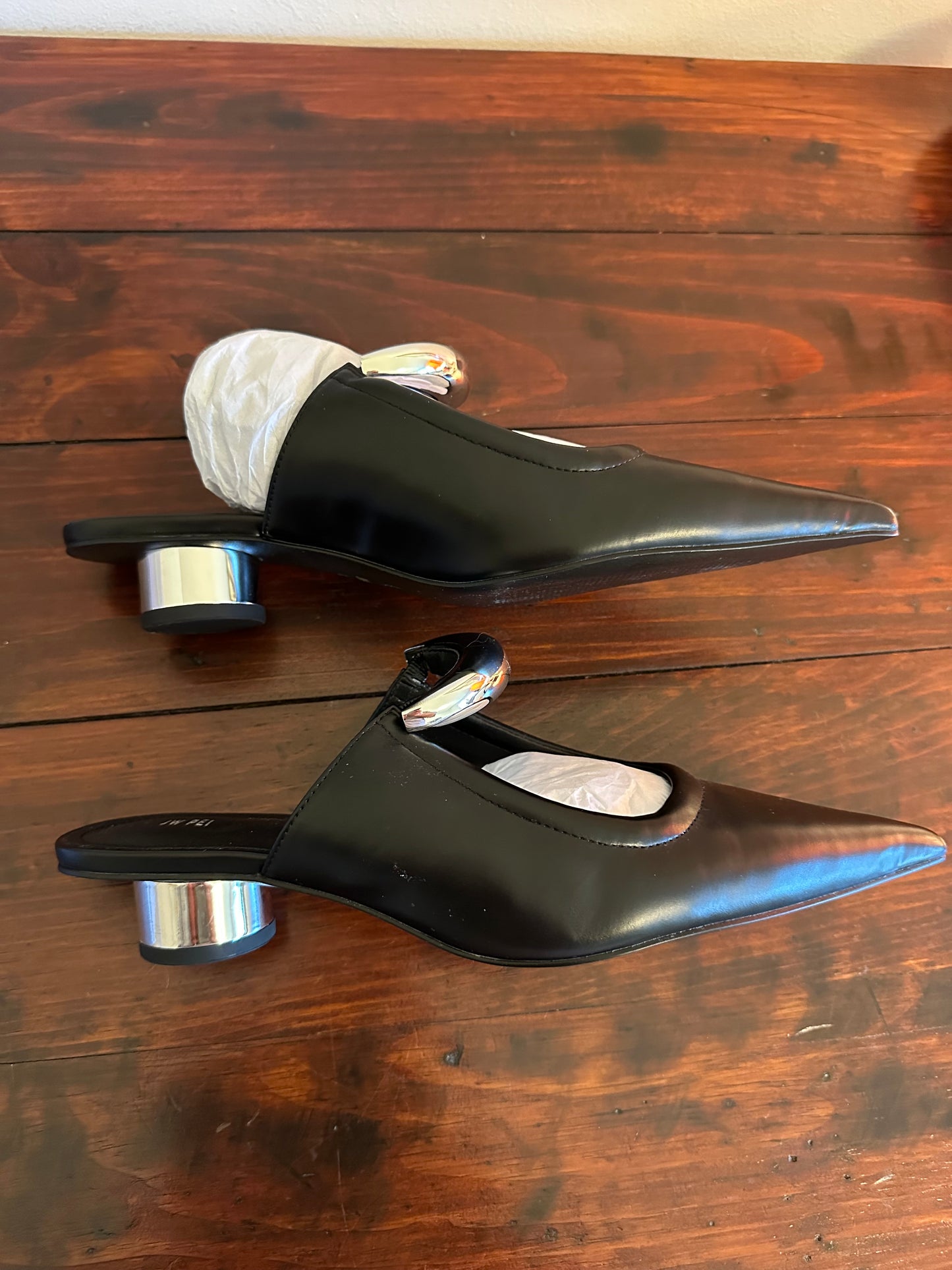 New JW PEI - Black Helena Pierced Mules with Silver Accents in Vegan Leather | Size 8