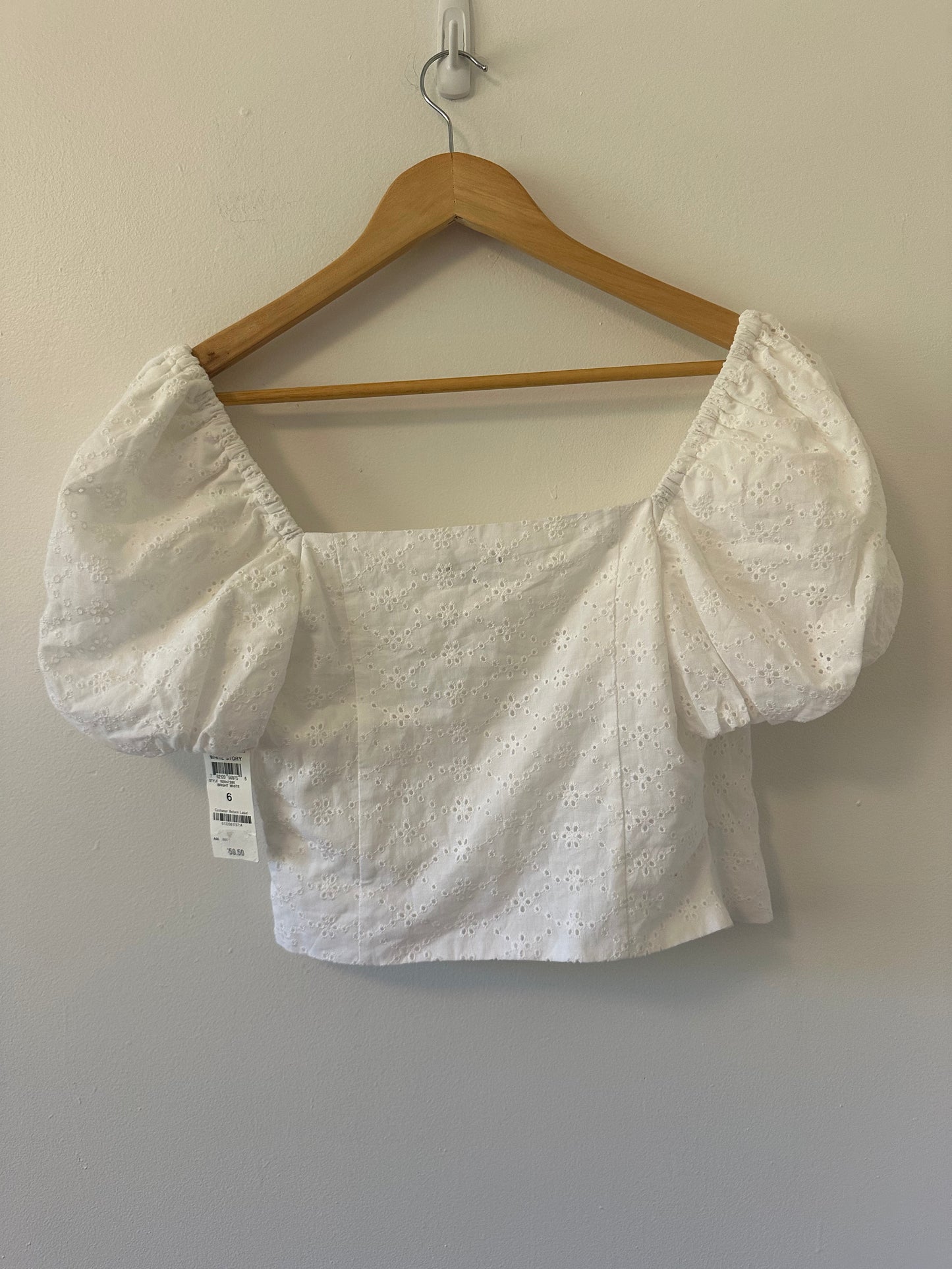 NWT Bar III White Eyelet Wrap Cropped Puff Sleeve Blouse | Size 6