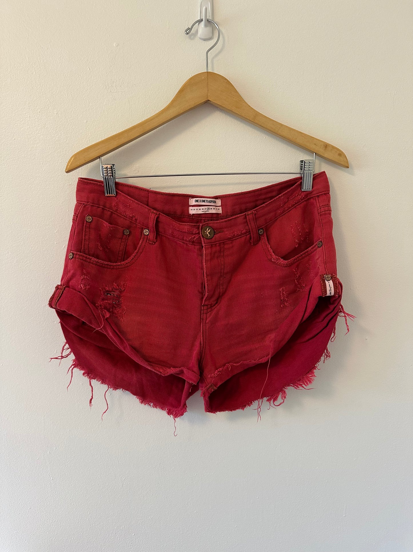 One Teaspoon Red Distressed Bandit Jean Shorts - Size 28