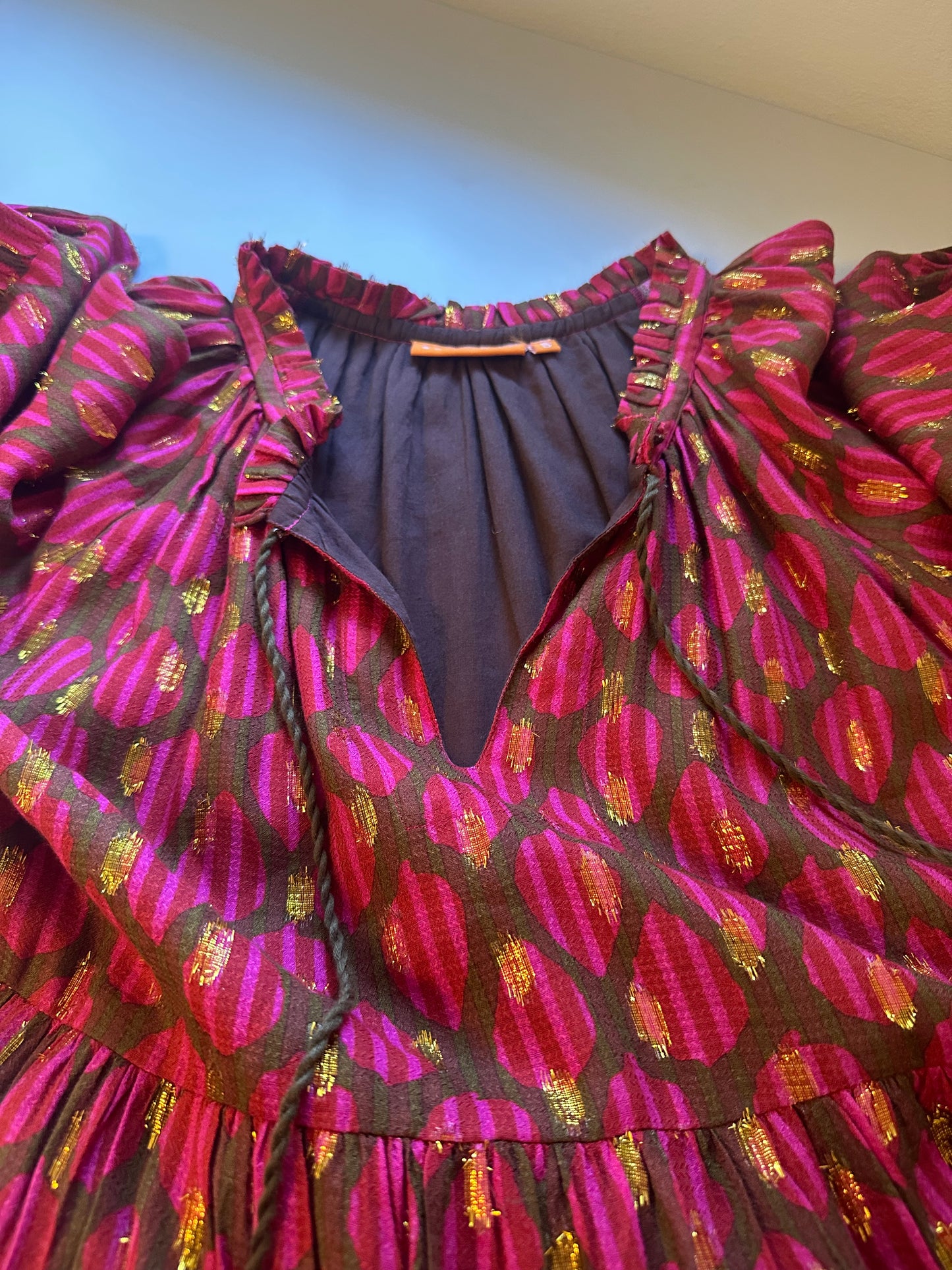 Oliphant - Fig Red and Pink Balloon Long Sleeve Tiered Ruffle Dress | Size Small