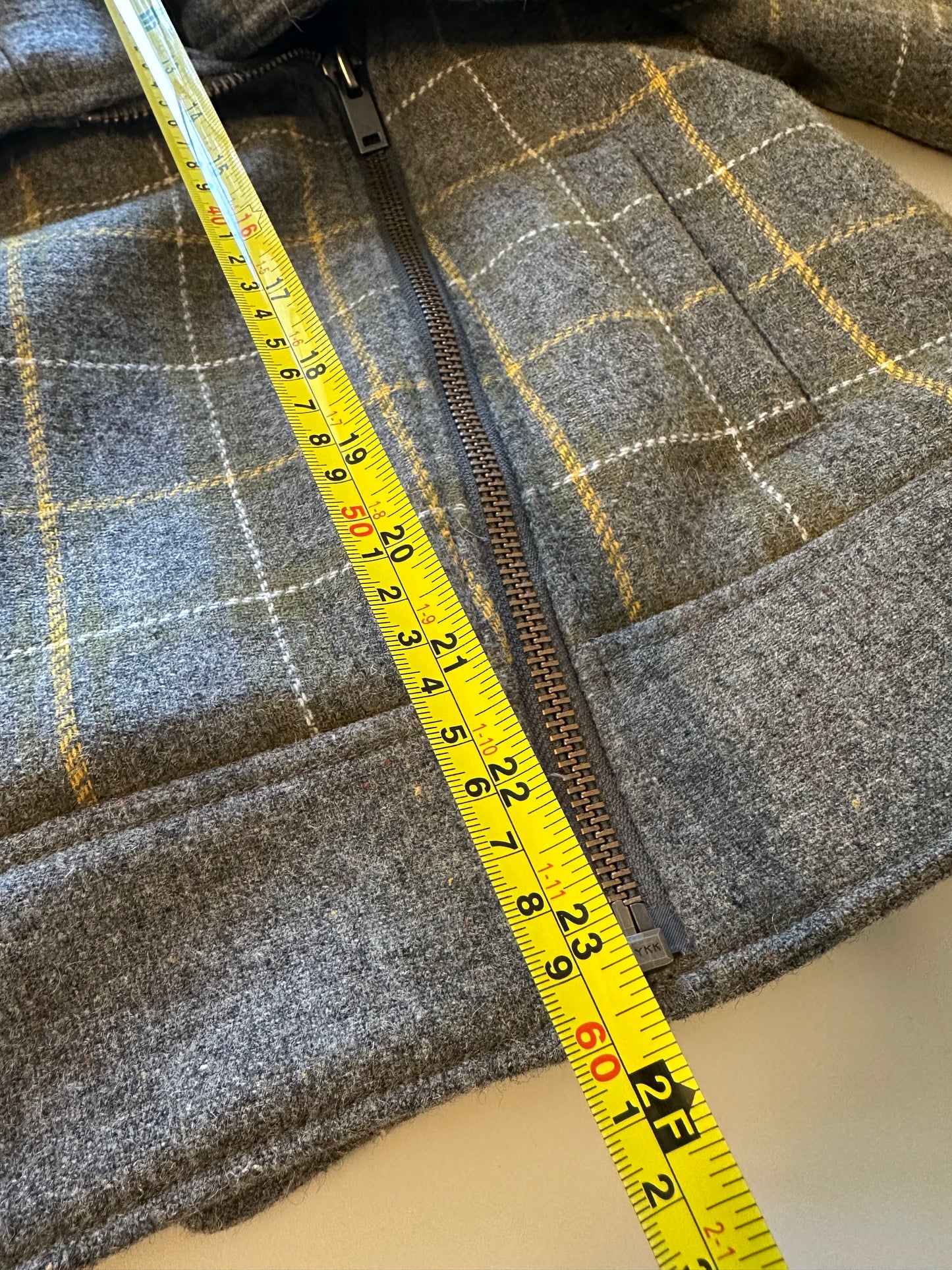 Banana Republic Faux Fur Gray and Yellow Plaid Moto Jacket | Size Small Petite