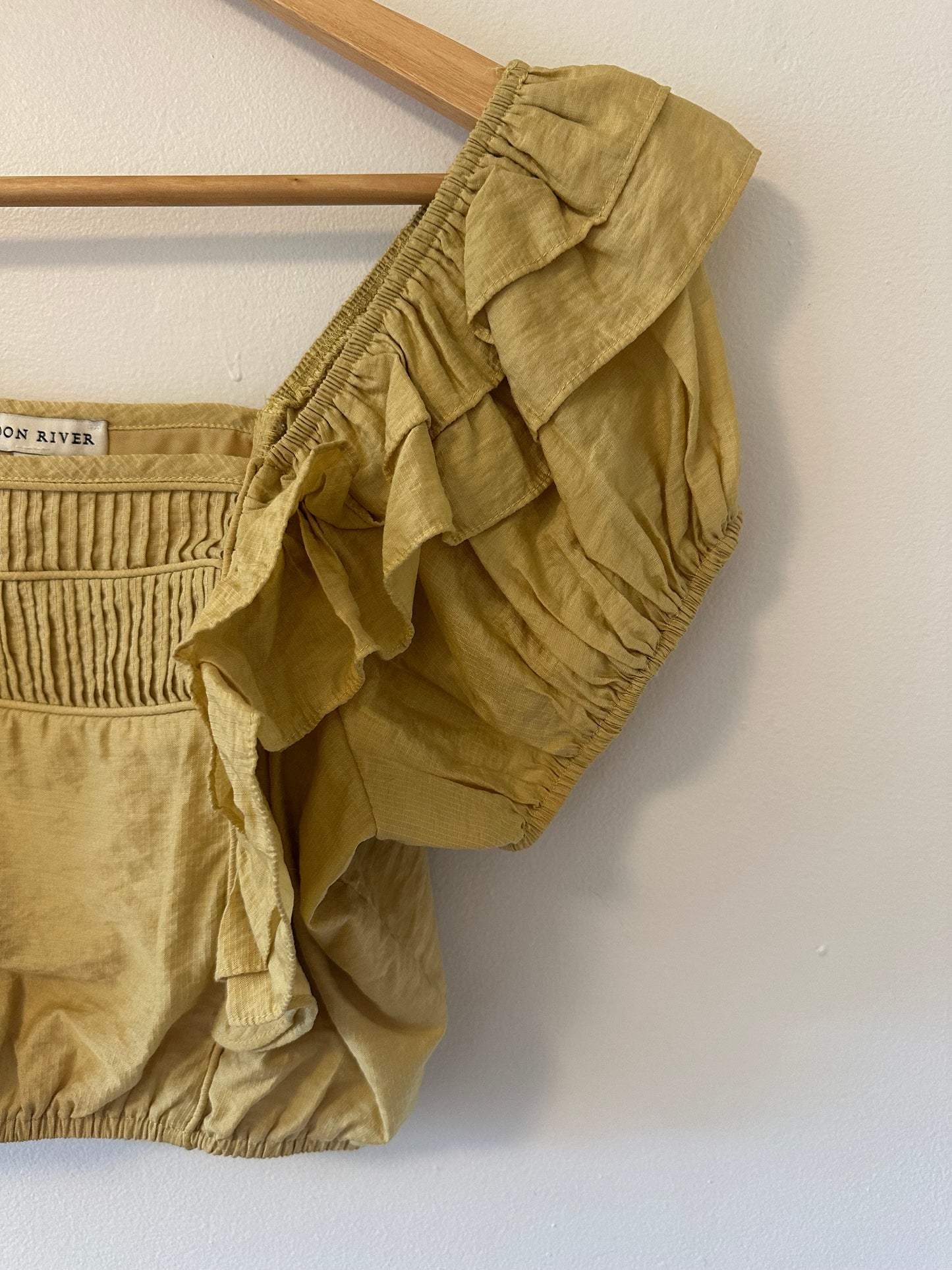 Moon River Puff Sleeve Yellow Ruffled Cropped Blouse | Size XS
