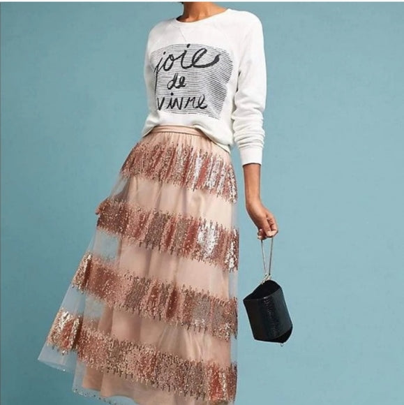 NWT Anthropologie Eva Franco Revelry Maxi Skirt in Blush Rose Sequin Tulle