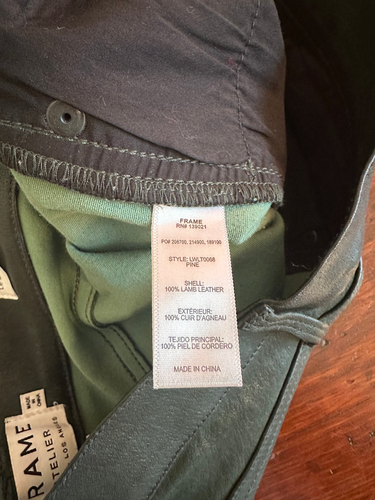 Frame Atelier Dark Green Leather Lamb Skin Pants - Size 26