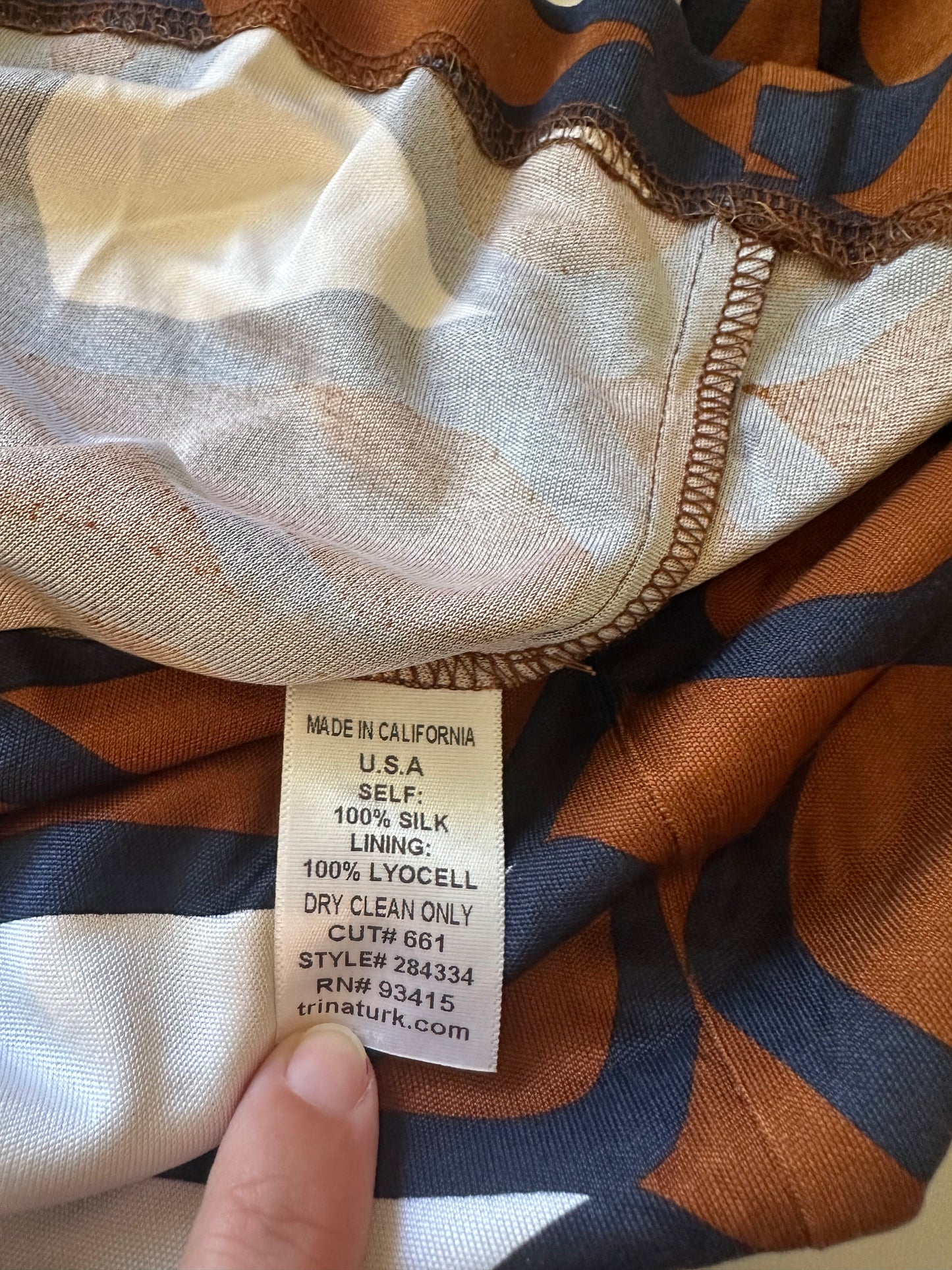 Trina Turk Spaghetti Strap Silk Patterned Dress in Brown and White | Size 0