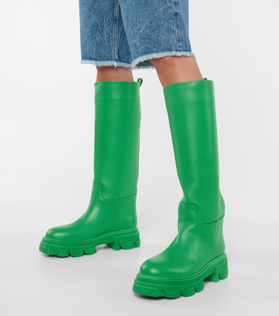 Gia Borghini x Pernille Tall Green Leather Knee High Rain Boots | Size 38.5
