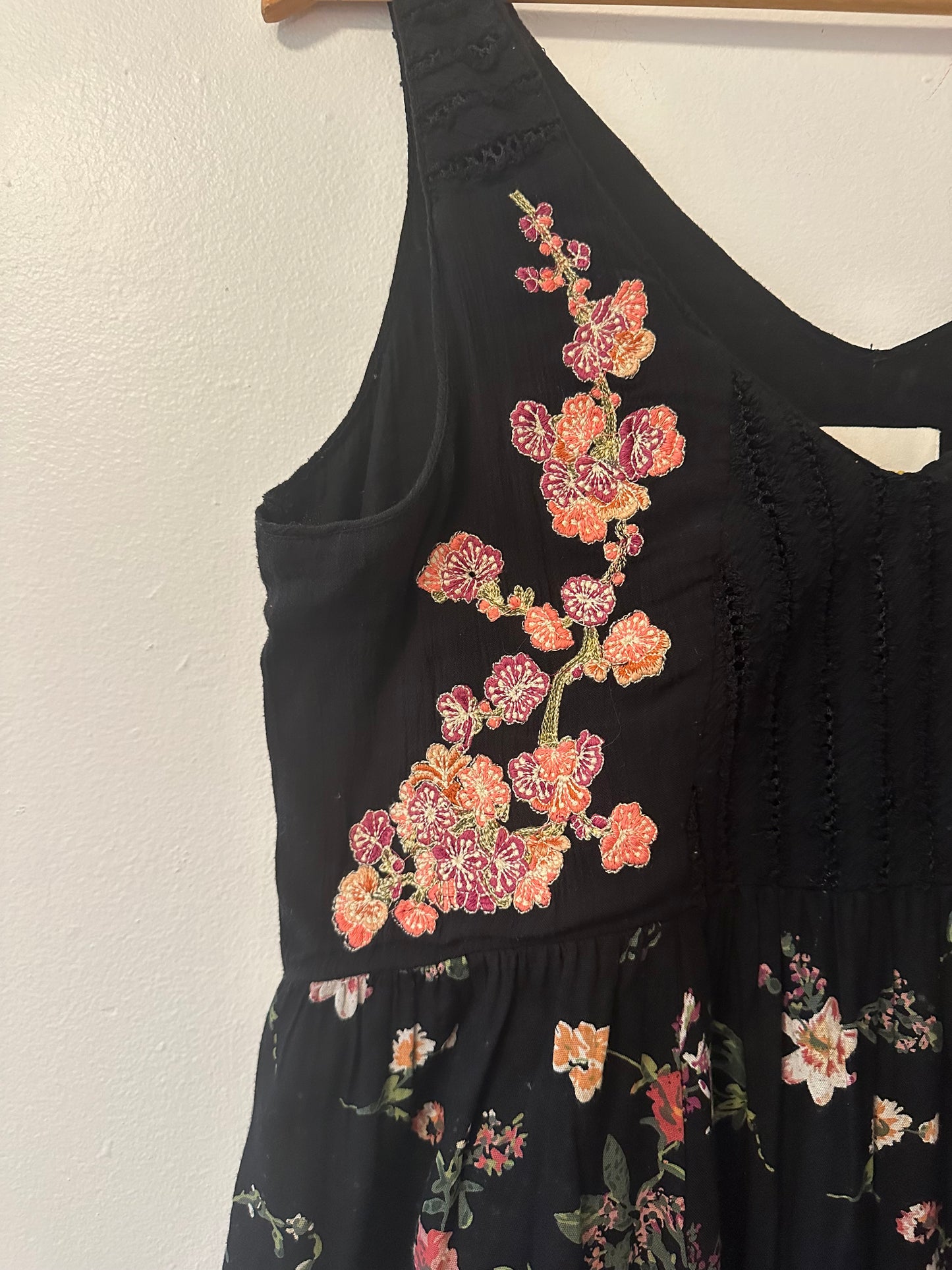 Maeve - Black V-Neck Dress with Pink Floral Embroidery | Size XS