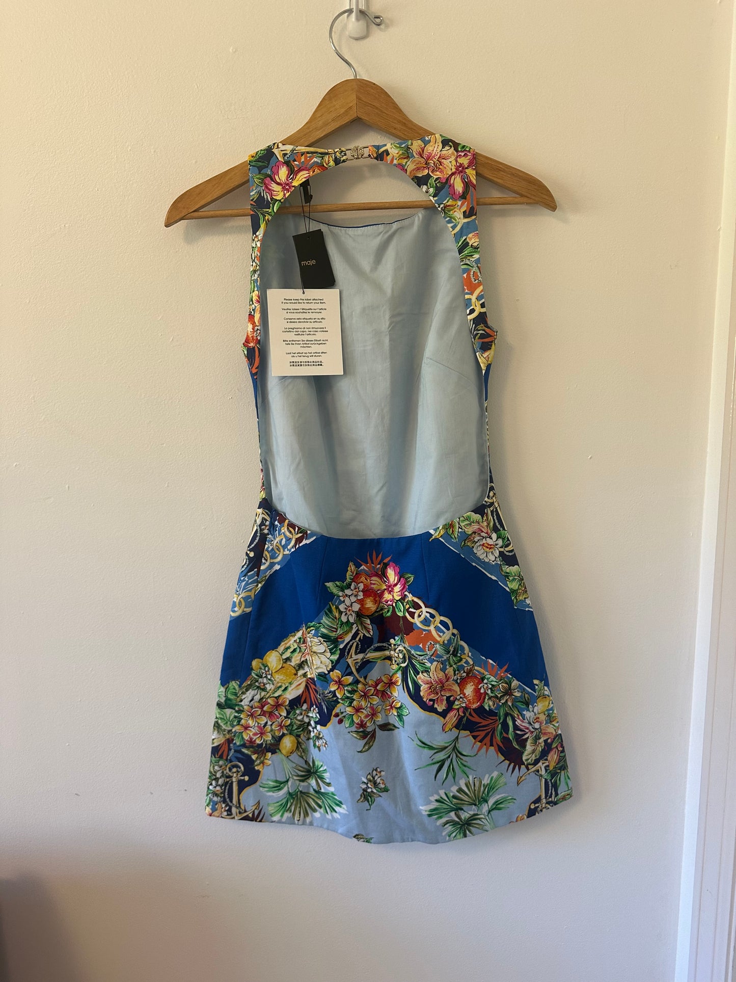 NWT Maje Floral Blue Open Back Sleeveless Dress | Size EU 36