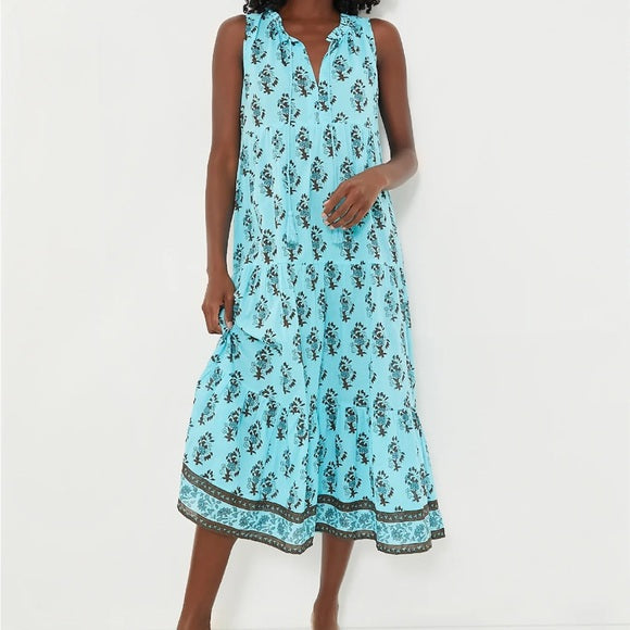 Tuckernuck Tropical Turquoise Bouquet Salty Paloma Sleeveless Caftan Dress | Size XL