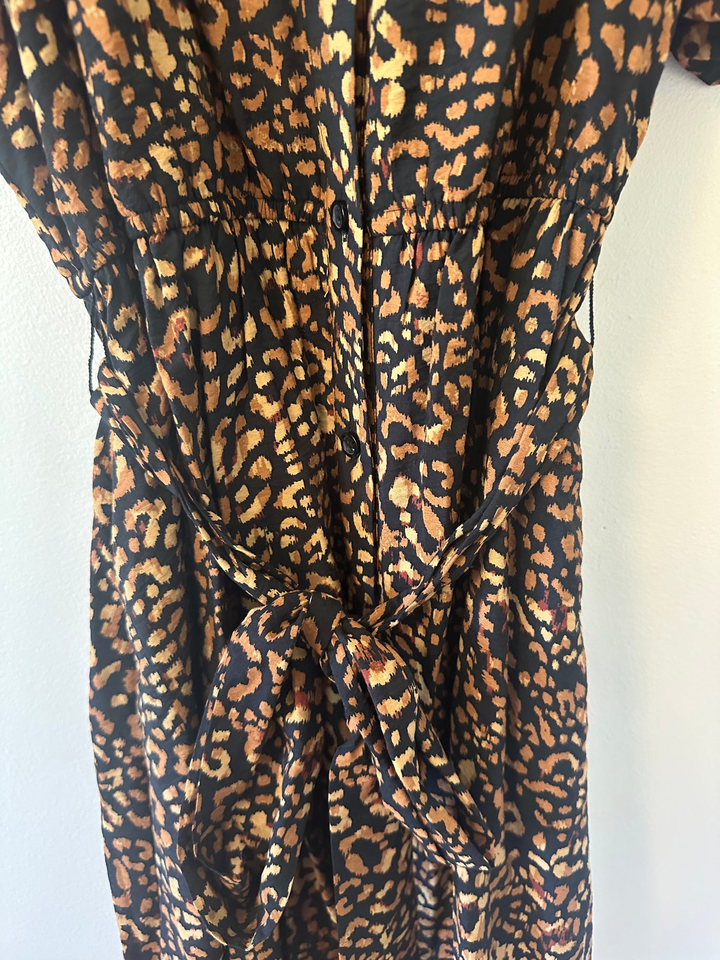 Nine West Puff Sleeve Brown Leopard Print Button Front Mini Dress | Size Medium