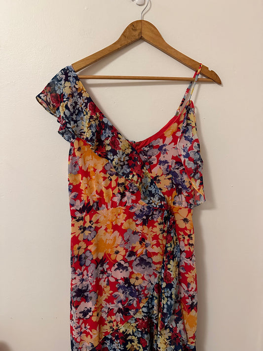 Lulu's Radiant Ruby Red Floral Print Chiffon Maxi Dress | Size Large