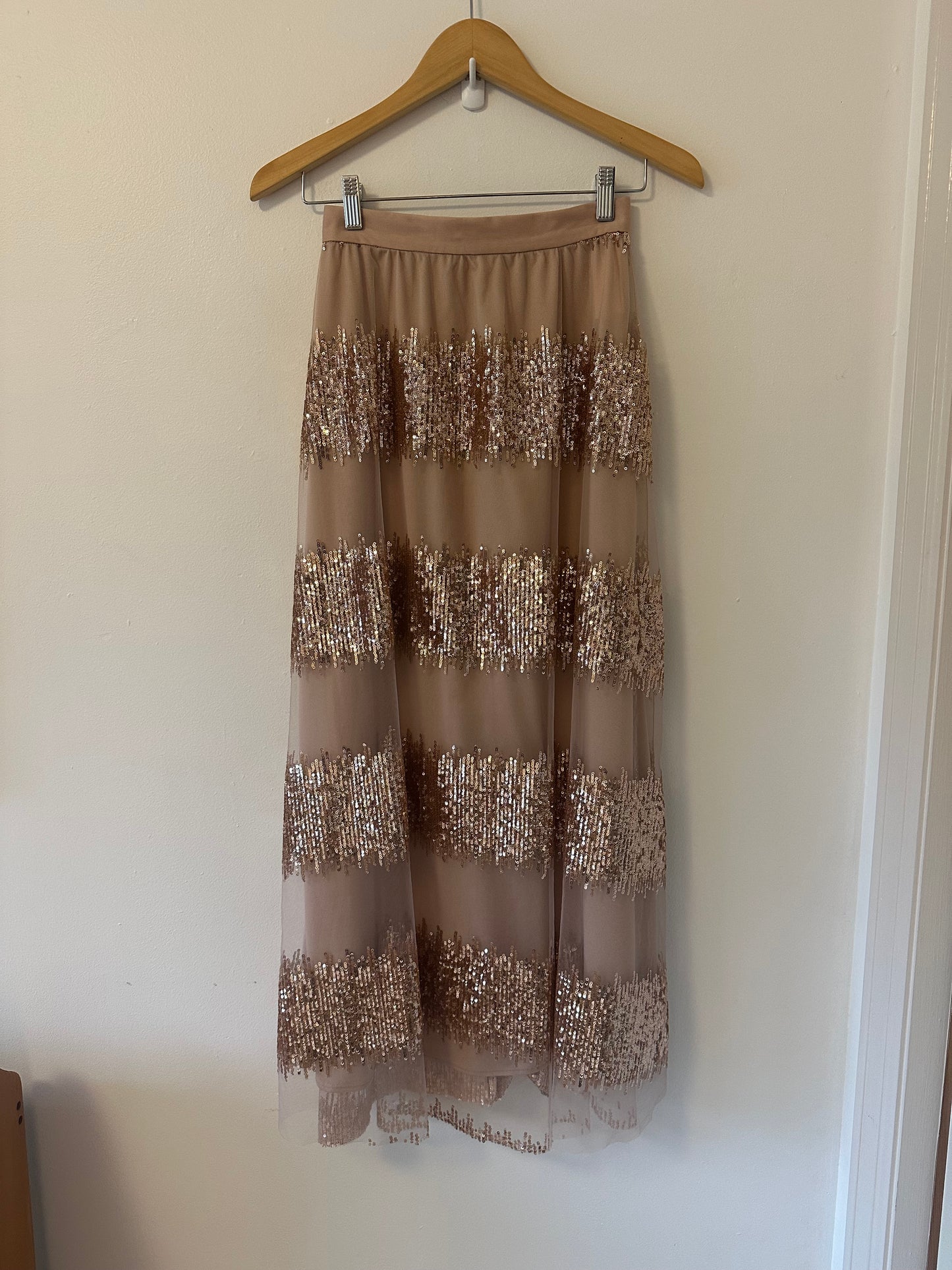 NWT Anthropologie Eva Franco Revelry Maxi Skirt in Blush Rose Sequin Tulle