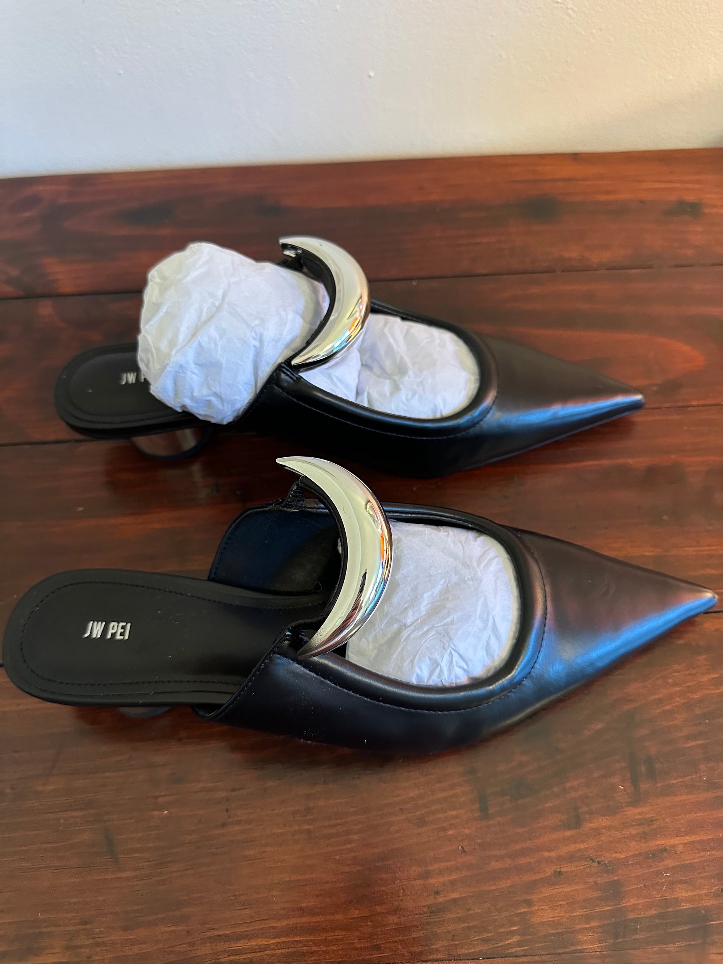 New JW PEI - Black Helena Pierced Mules with Silver Accents in Vegan Leather | Size 8