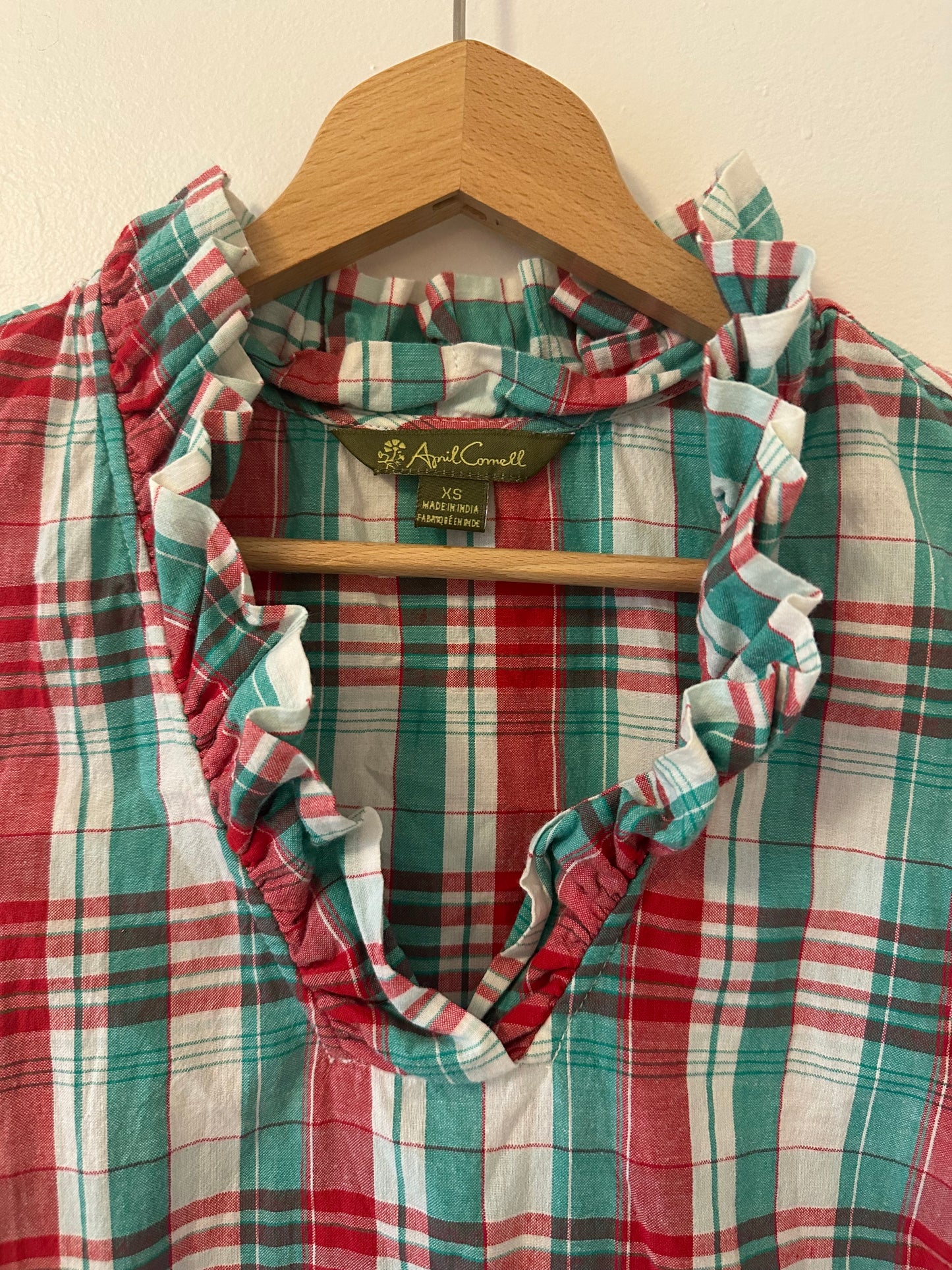 April Cornell Plaid Sleeveless Dress with Ruffle Collar Size XS