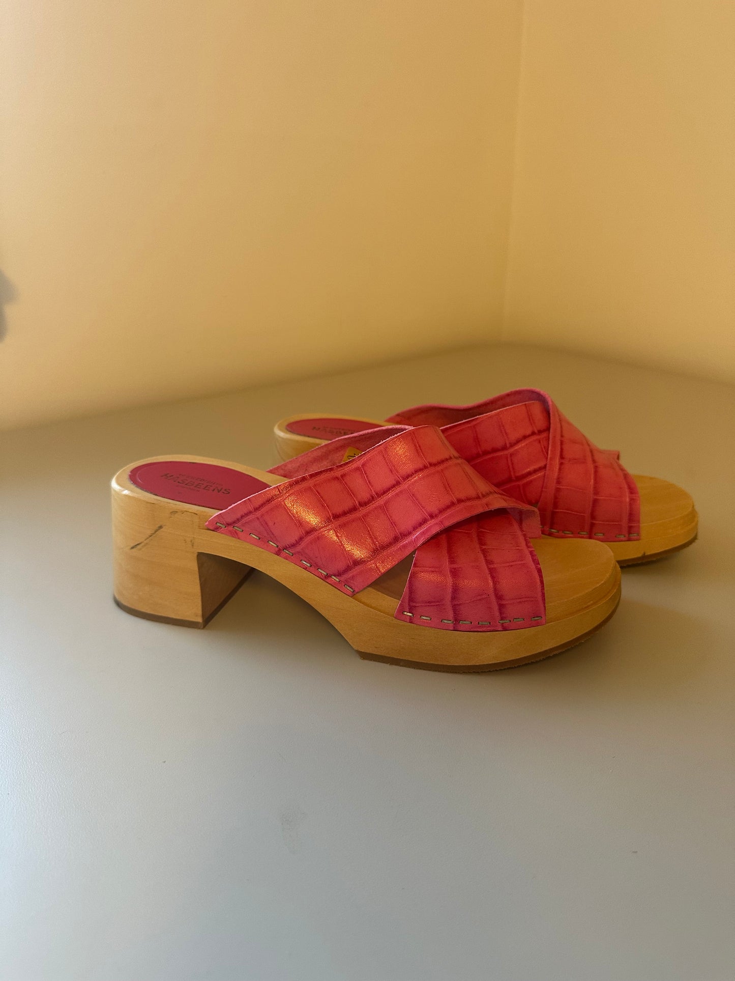 Swedish Hasbeens Anette Heeled Pink Block Clog Sandals | Size 40