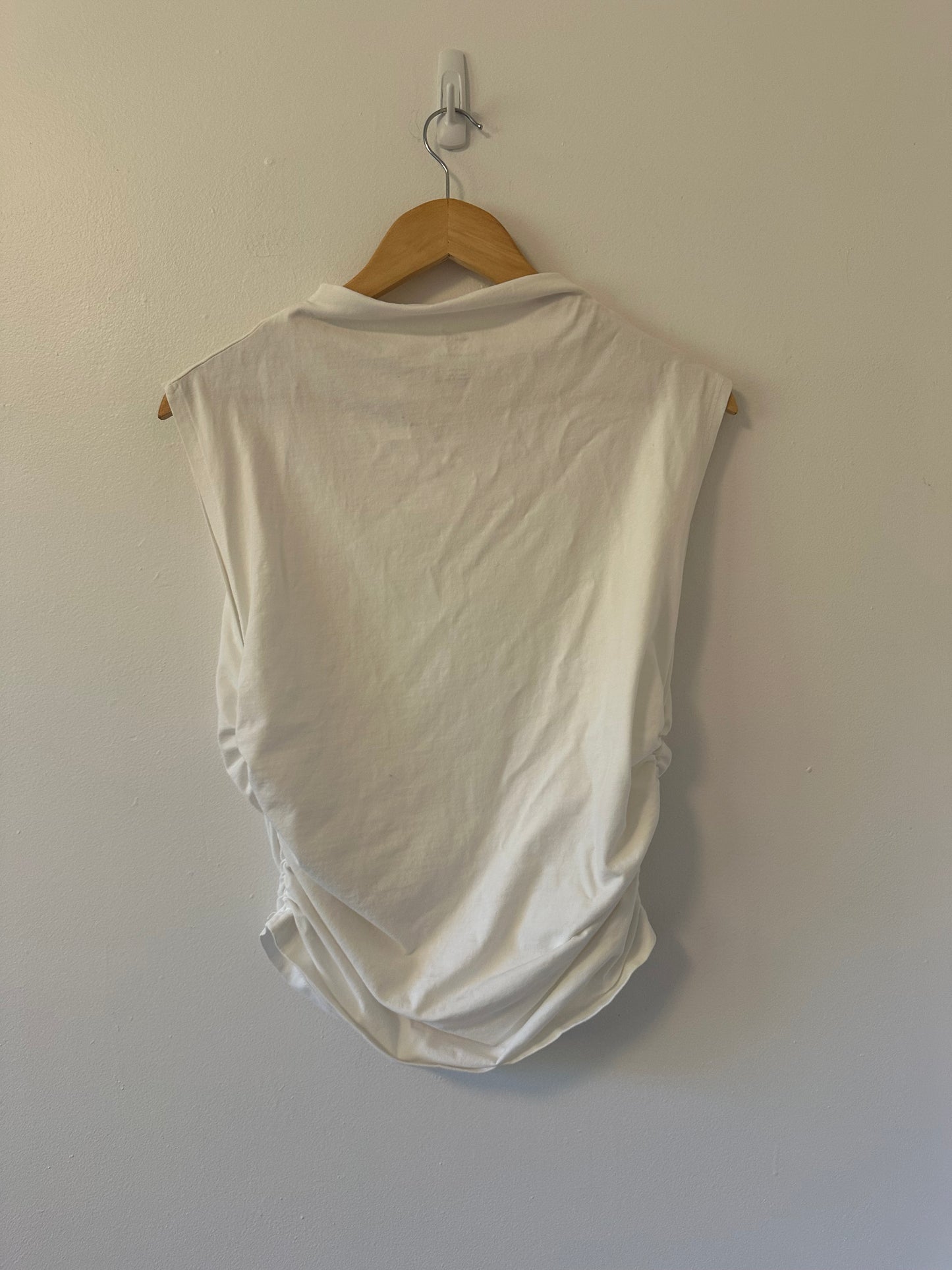 Maeve White Sleeveless Ruched Mock Neck Tee | Size Large