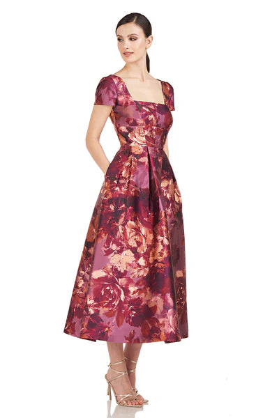 NWT Kay Unger Tierney Floral Midi Dress in Garnet Multi - Size 10