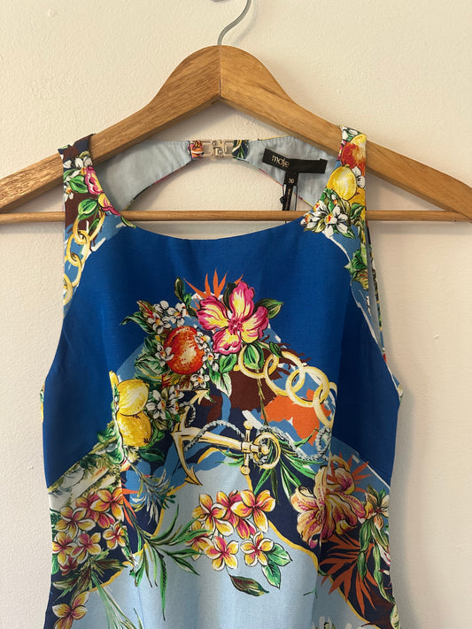 NWT Maje Floral Blue Open Back Sleeveless Dress | Size EU 36