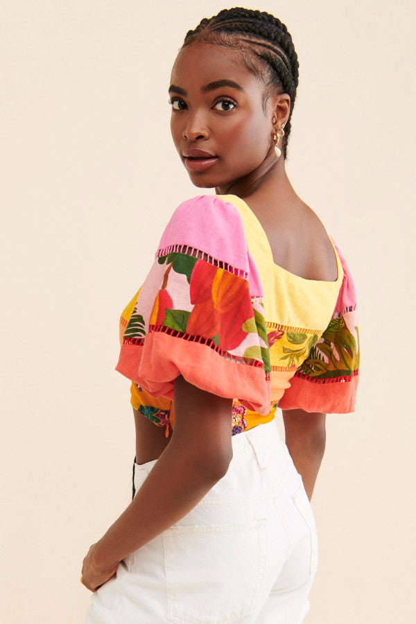 FARM Rio Rainbow Mixed Prints Tiered Linen Blend Top | Size Medium