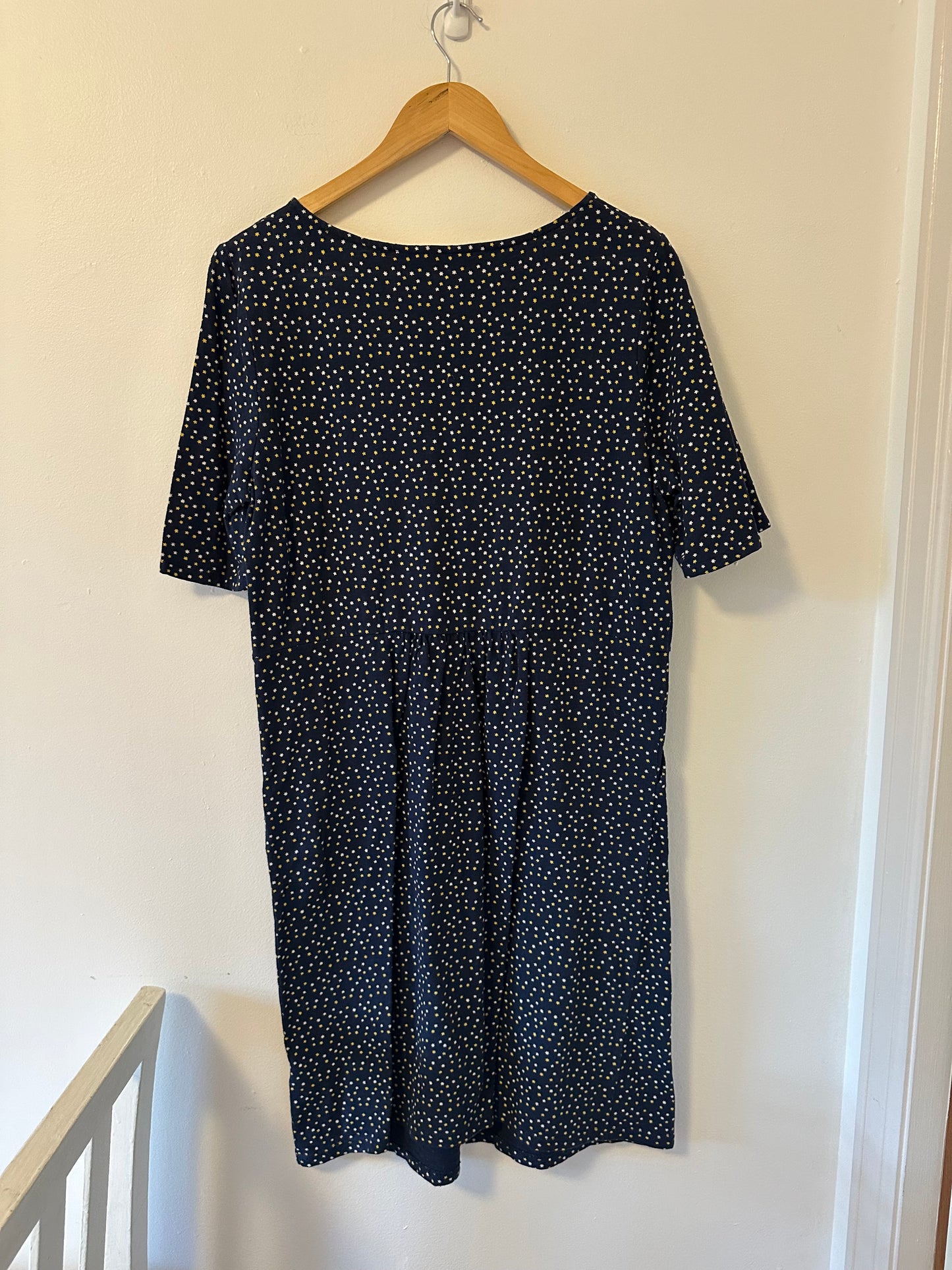Boden Navy T-Shirt Dress with Yellow and White Star Print - Size 12