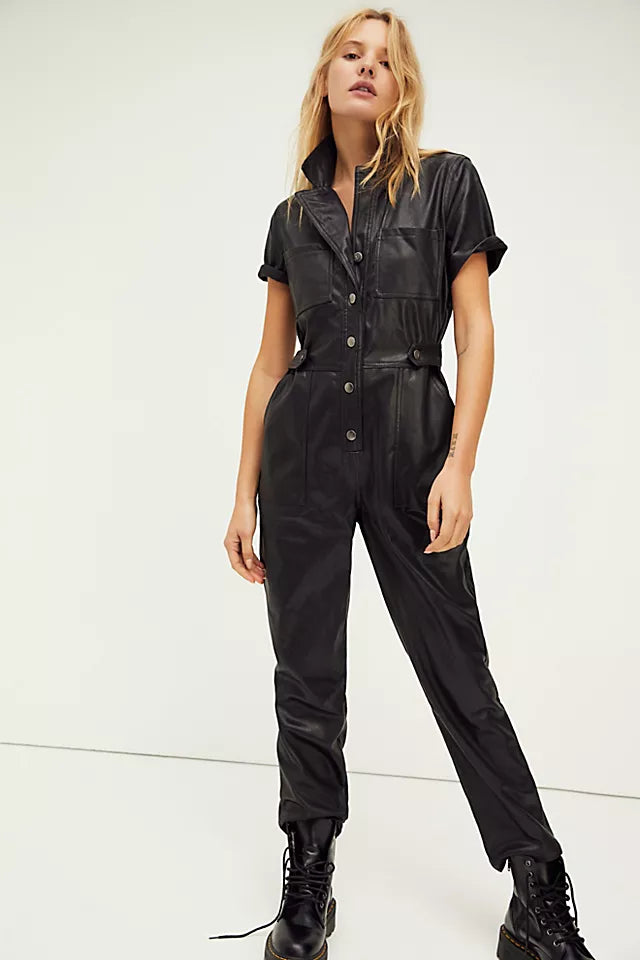 NWT Free People Liaison Black Faux Leather Jumpsuit | Size Small