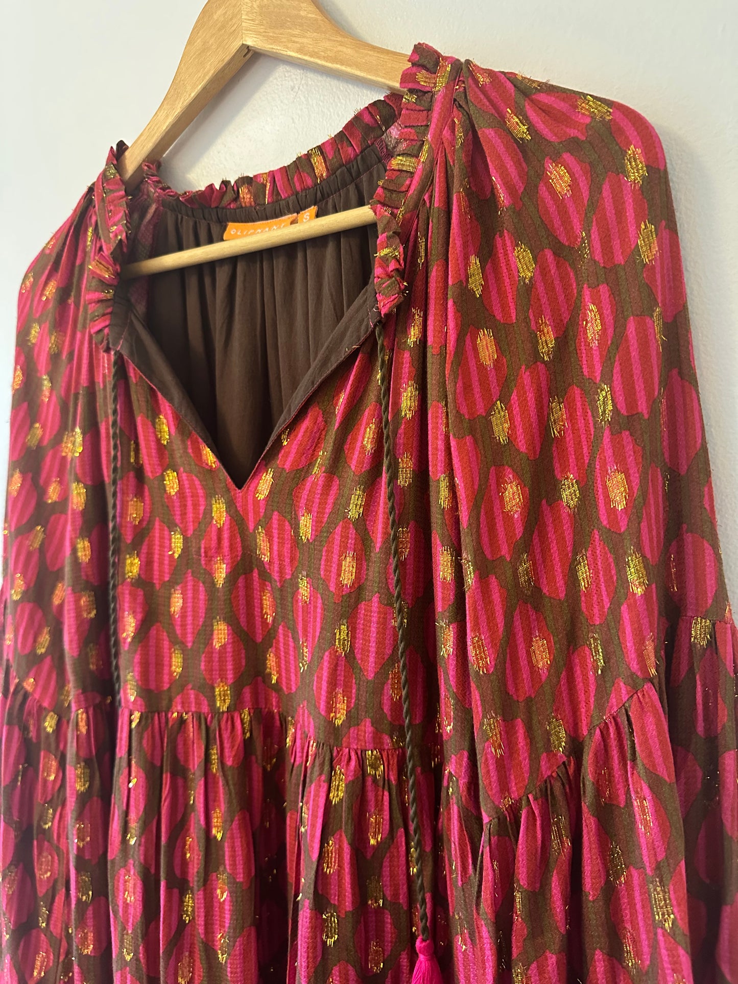 Oliphant - Fig Red and Pink Balloon Long Sleeve Tiered Ruffle Dress | Size Small