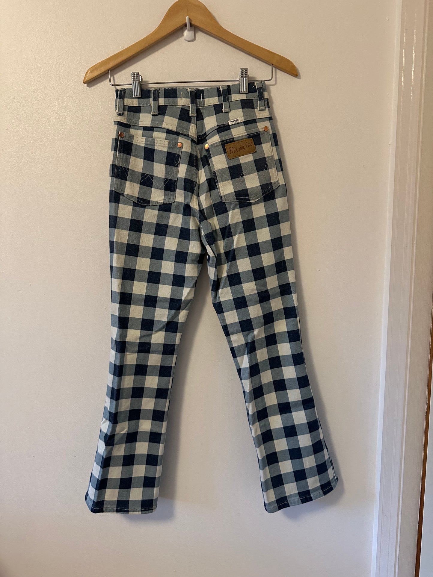 Wrangler - Wrock Gingham Kick Flare Blue and White Denim Jeans | Size 27