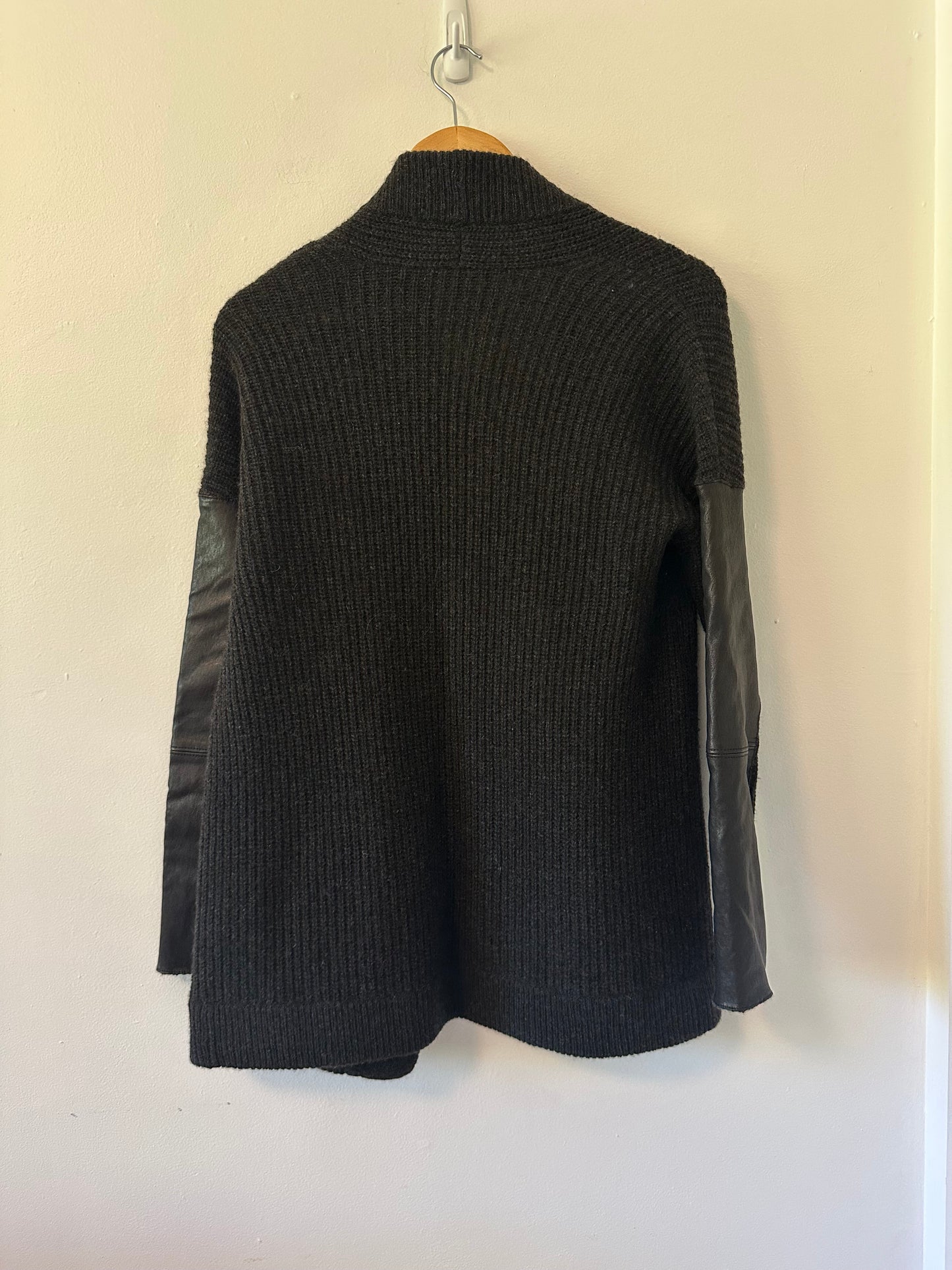 Eileen Fisher Black Wool Cardigan with Leather Details | Size XS