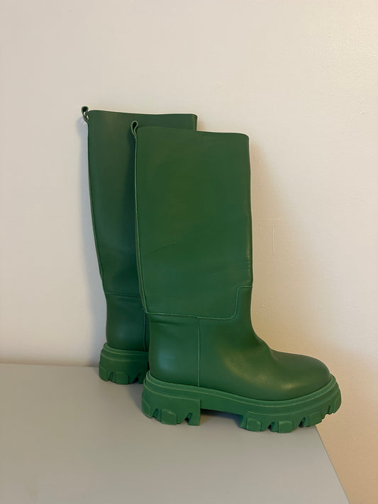 Gia Borghini x Pernille Tall Green Leather Knee High Rain Boots | Size 38.5