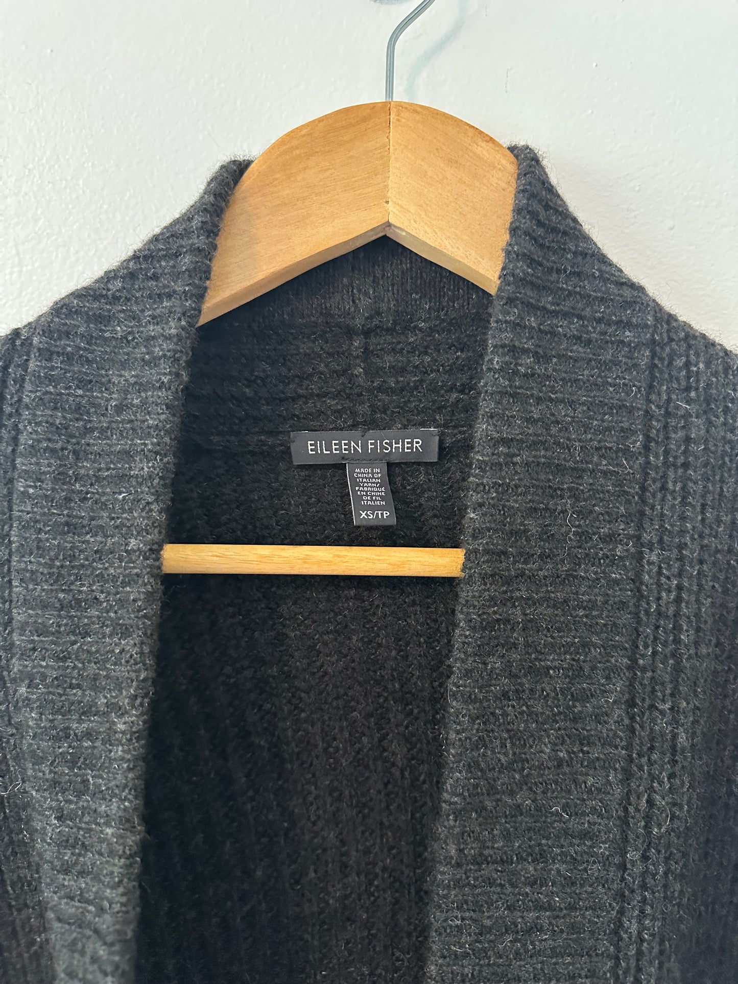 Eileen Fisher Black Wool Cardigan with Leather Details | Size XS