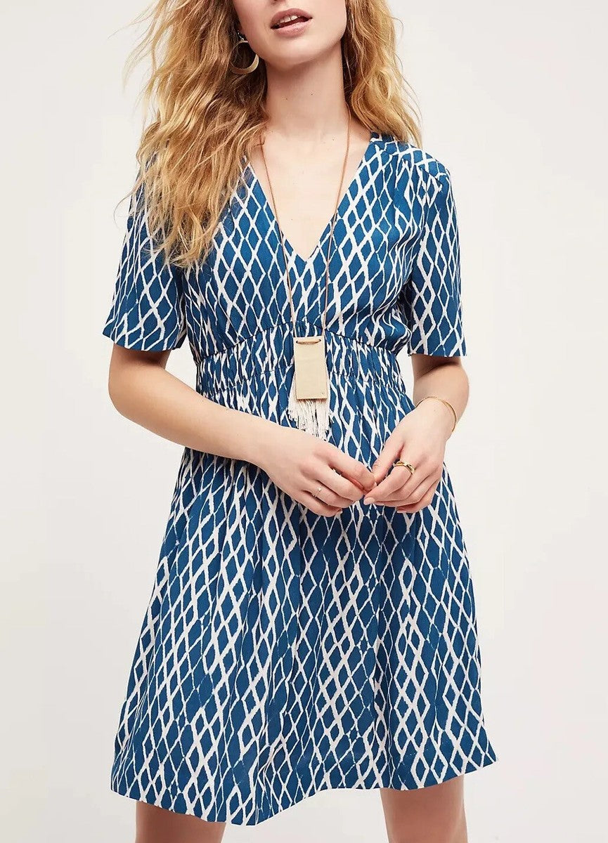 Anthropologie HD in Paris Archipelago V-Neck Mini Dress in Blue | Size 14