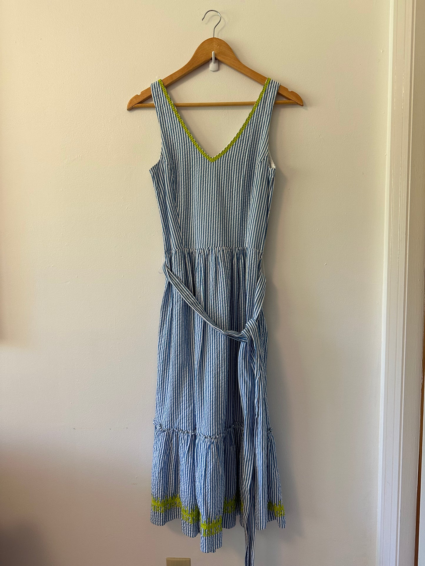 Hatley Seersucker Blue and Green Striped Midi Dress | Size XXS