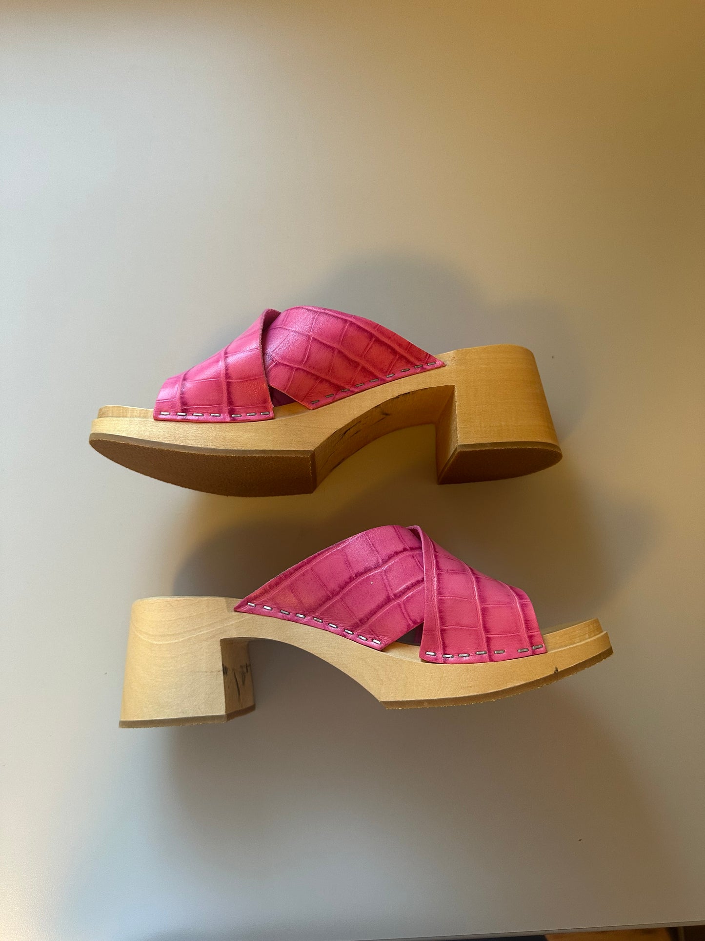 Swedish Hasbeens Anette Heeled Pink Block Clog Sandals | Size 40