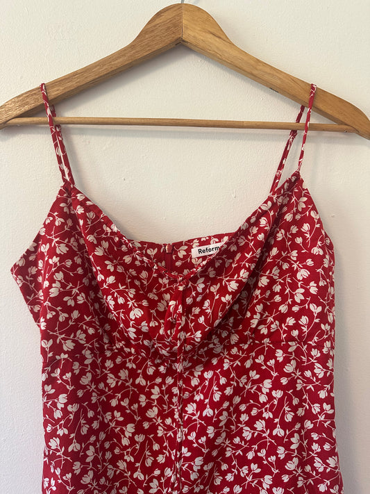 Reformation Red and White Floral Abbot Mini Tie Front Dress | Size 4