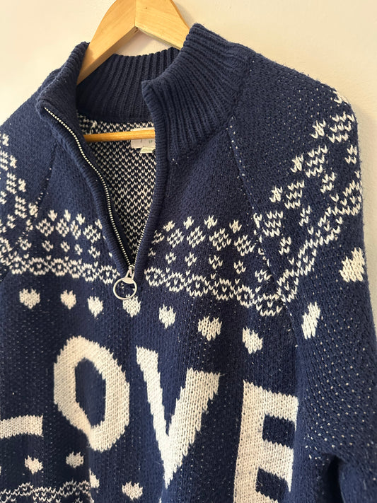 Aerie Navy and White LOVE Turtleneck Quarter Zip Sweater - Size Small