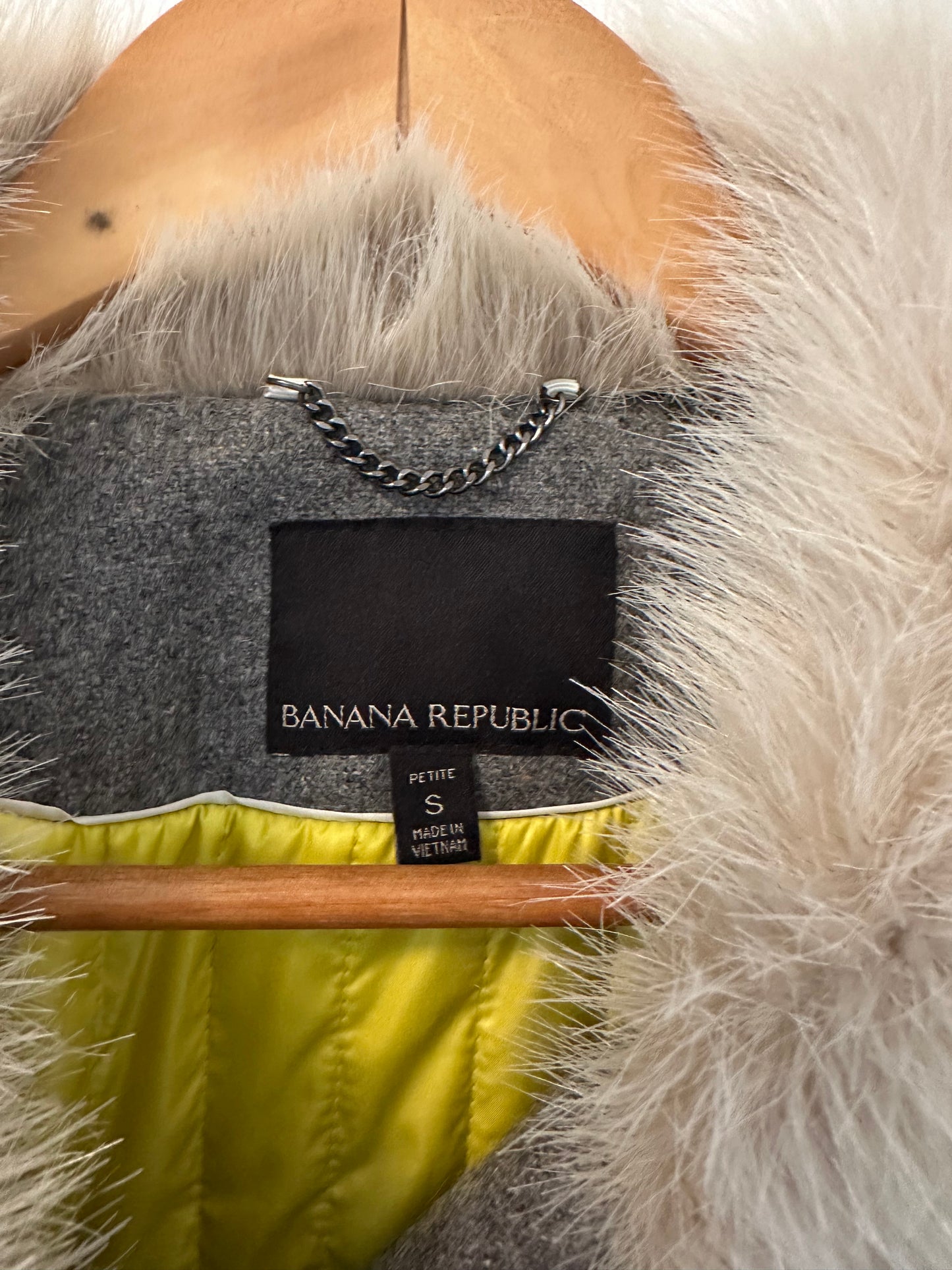 Banana Republic Faux Fur Gray and Yellow Plaid Moto Jacket | Size Small Petite
