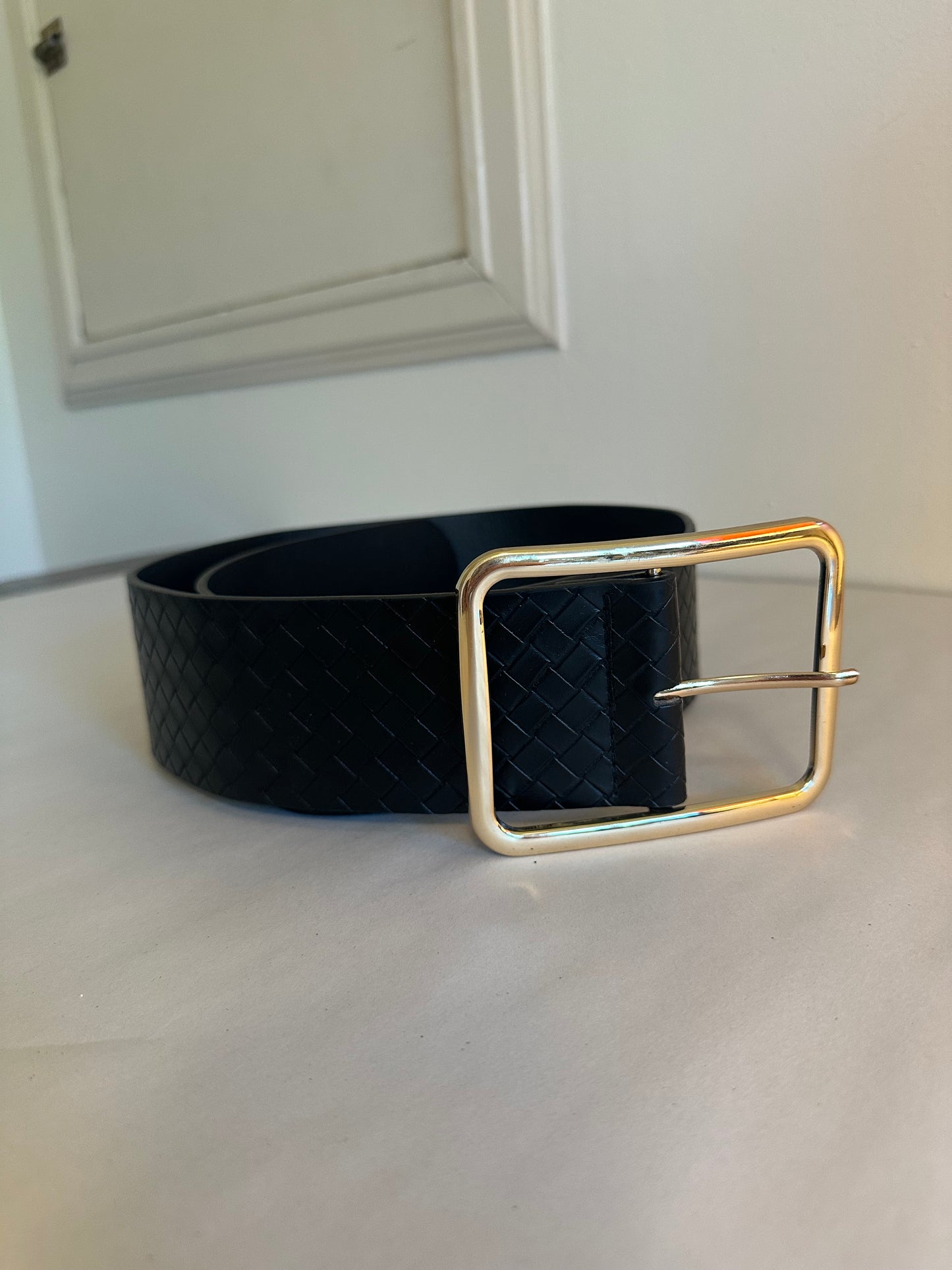 Black Woven Leather Belt with Gold Buckle