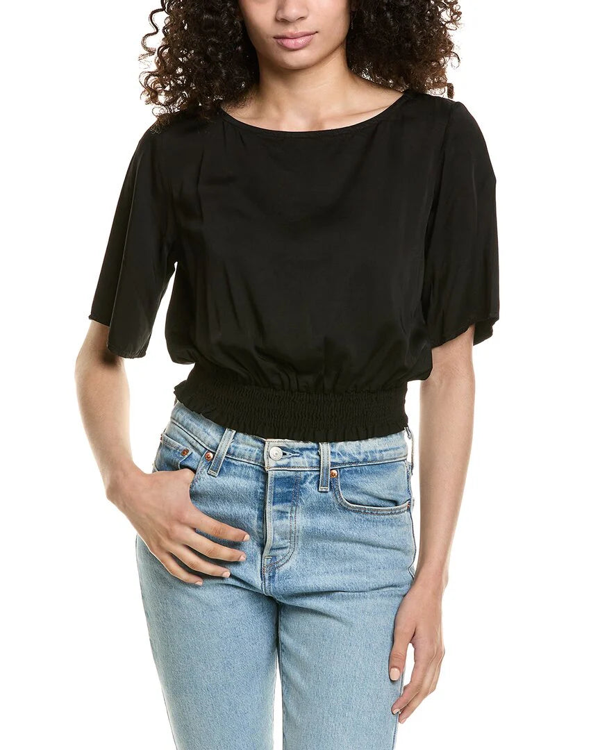 Bella Dahl Satin Smocked Waist Top in Black | Size Medium