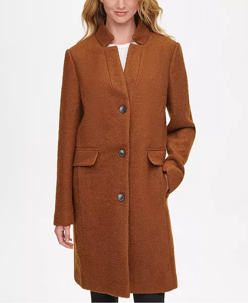 DKNY Single-Breasted Walkers Coat in Tan Boucle - Size Medium