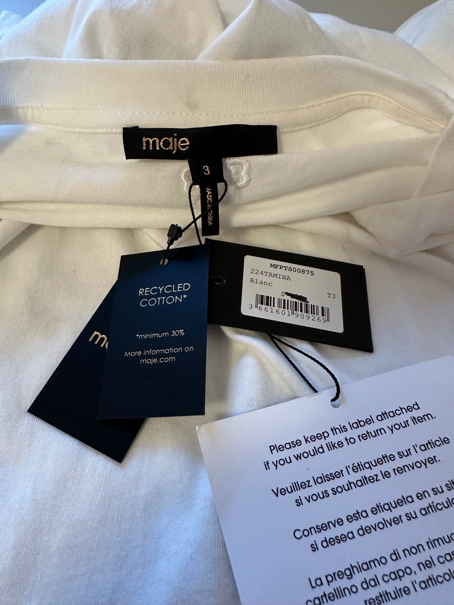 NWT Maje Cotton Short Sleeve Ribbon “Paris” T-Shirt | Size 3 (Large)