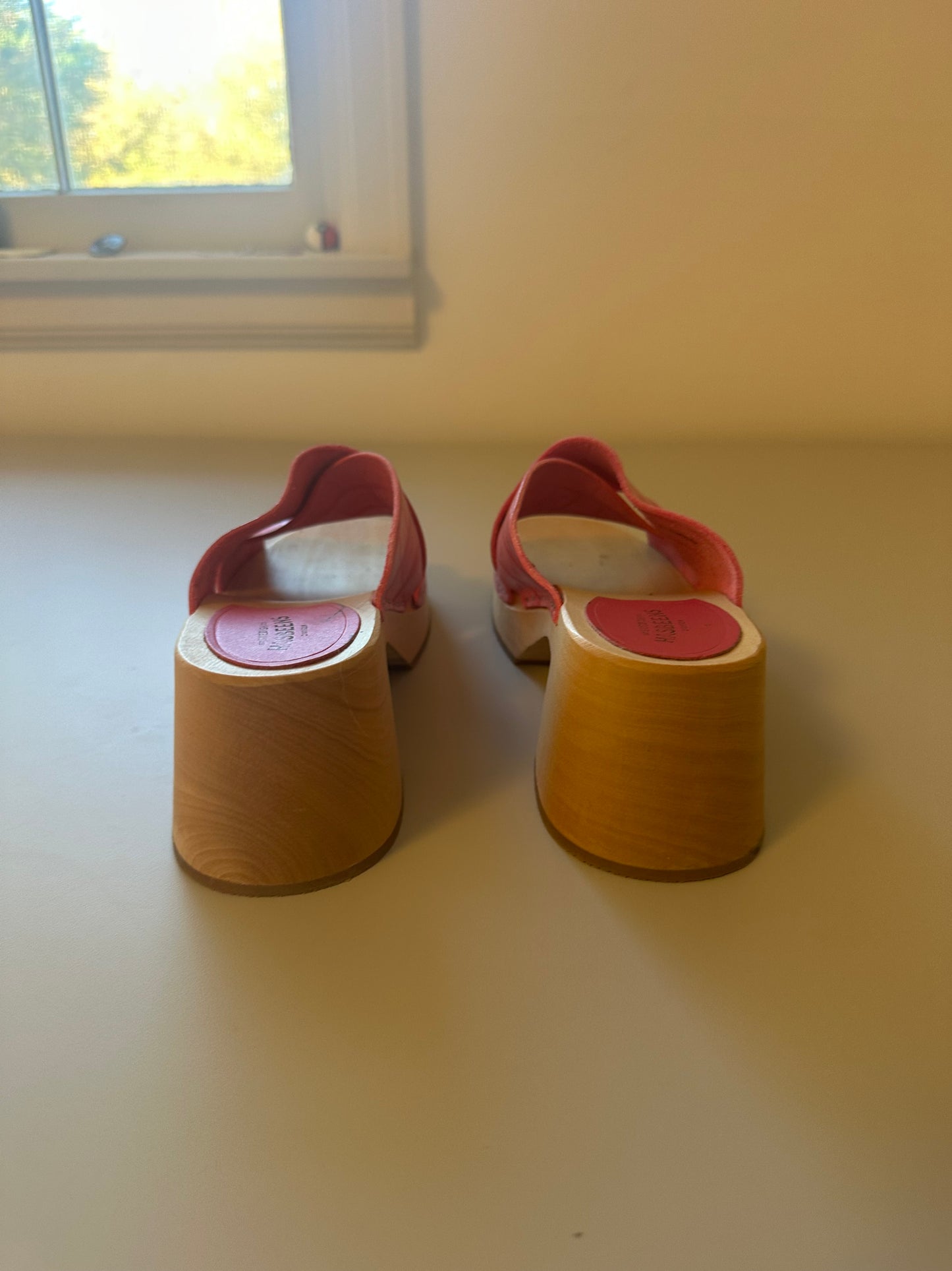 Swedish Hasbeens Anette Heeled Pink Block Clog Sandals | Size 40
