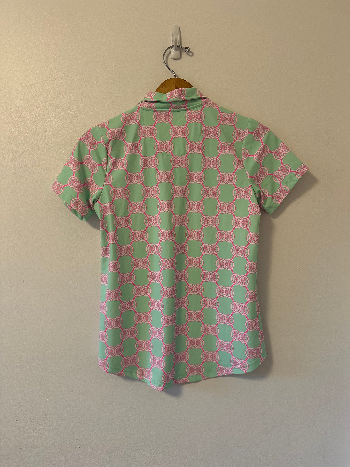 Lulu-B - Green and Pink Geometric Stretchy Polo Shirt | Size XS