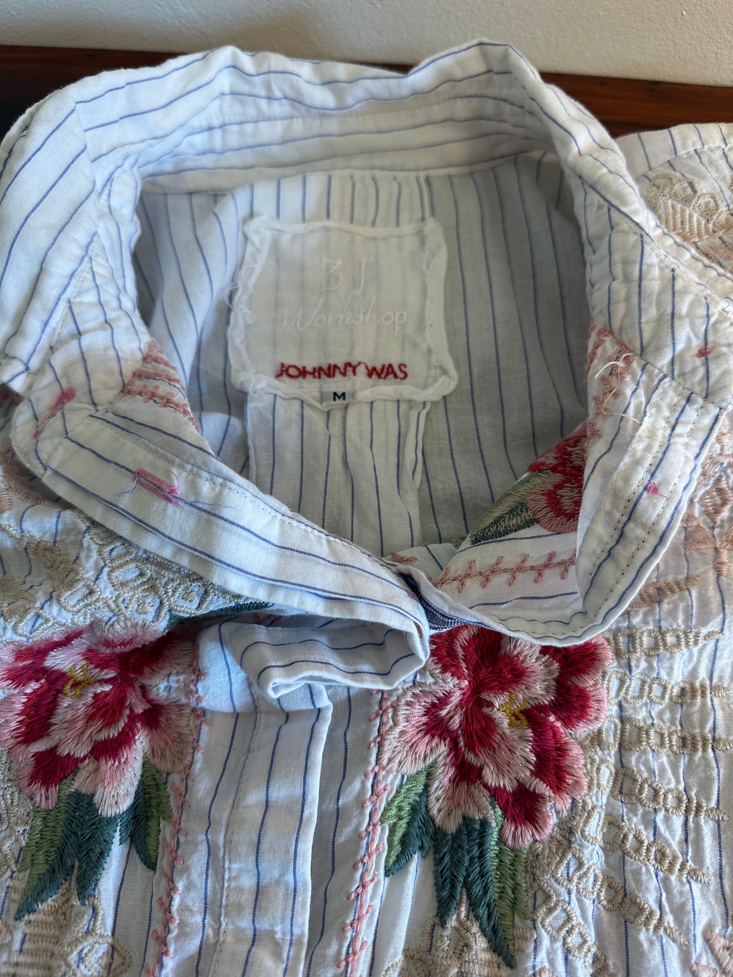 Johnny Was Workshop Striped Floral Embroidered Shirt - Size Medium