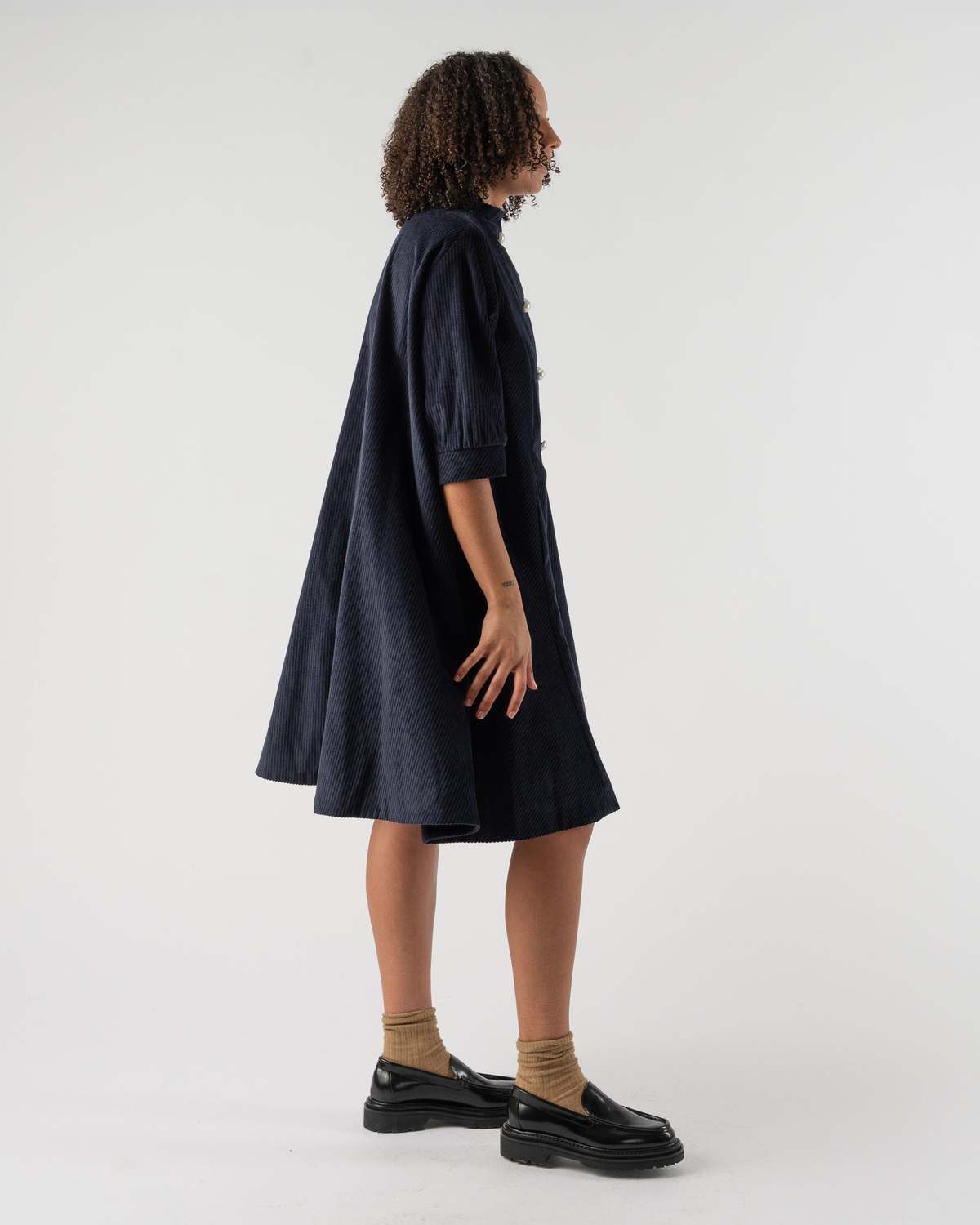 Batsheva Beray Corduroy Coat Double Breasted Mini Dress in Navy | Size XS