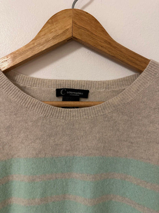 C by Bloomingdale's Gray And Mint Green Striped Cashmere Sweater Size Small