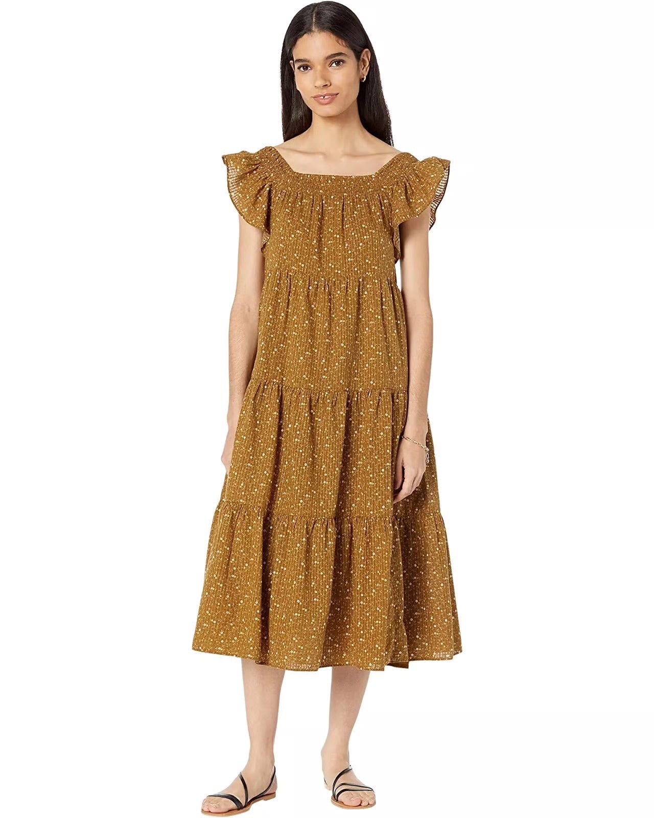 Madewell Ruffle-Sleeve Tiered Midi Dress in Daisy Stitch | Size Medium