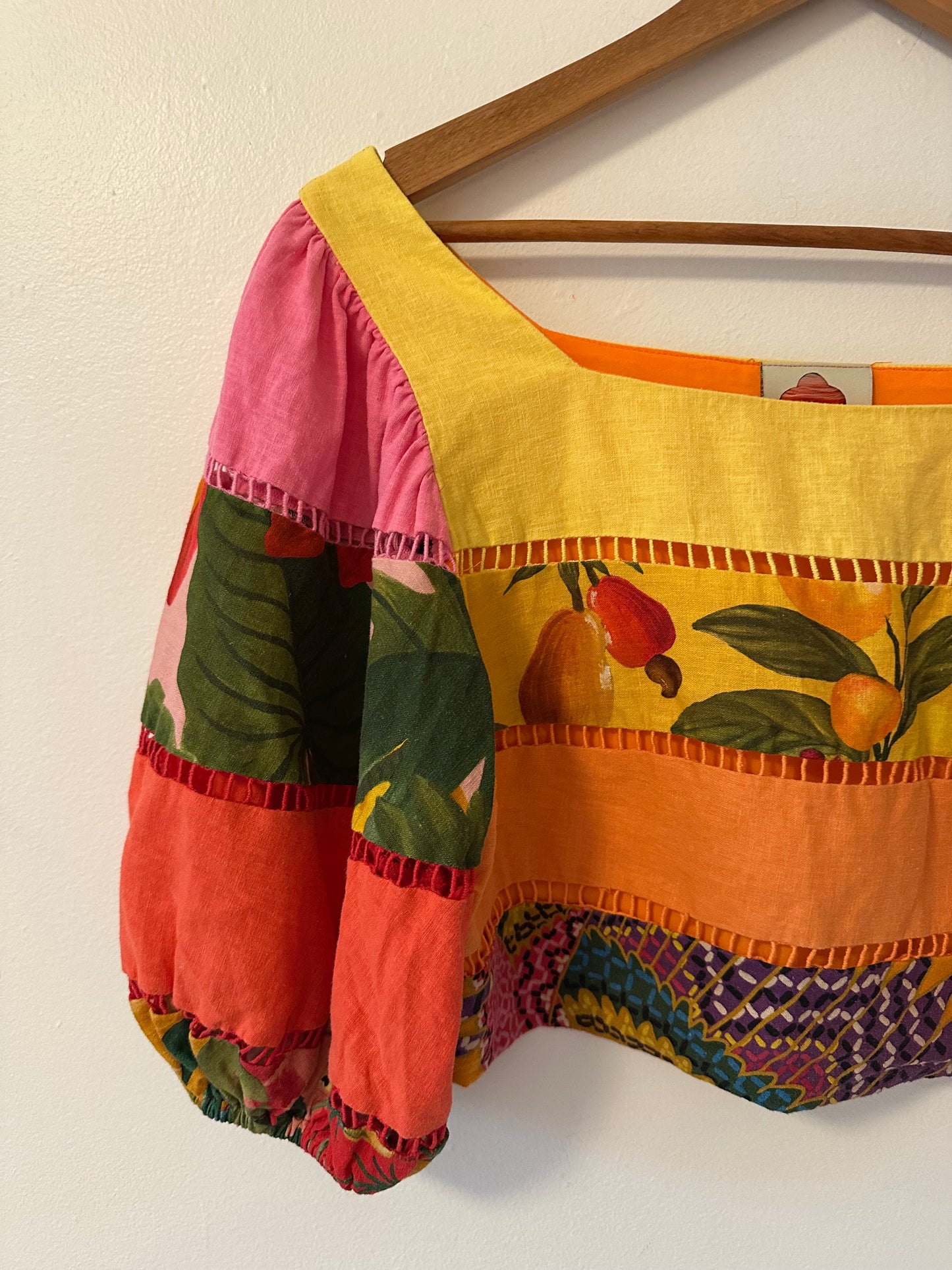 FARM Rio Rainbow Mixed Prints Tiered Linen Blend Top | Size Medium