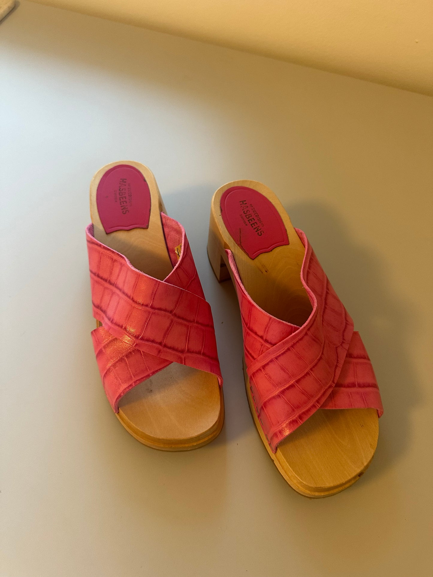 Swedish Hasbeens Anette Heeled Pink Block Clog Sandals | Size 40