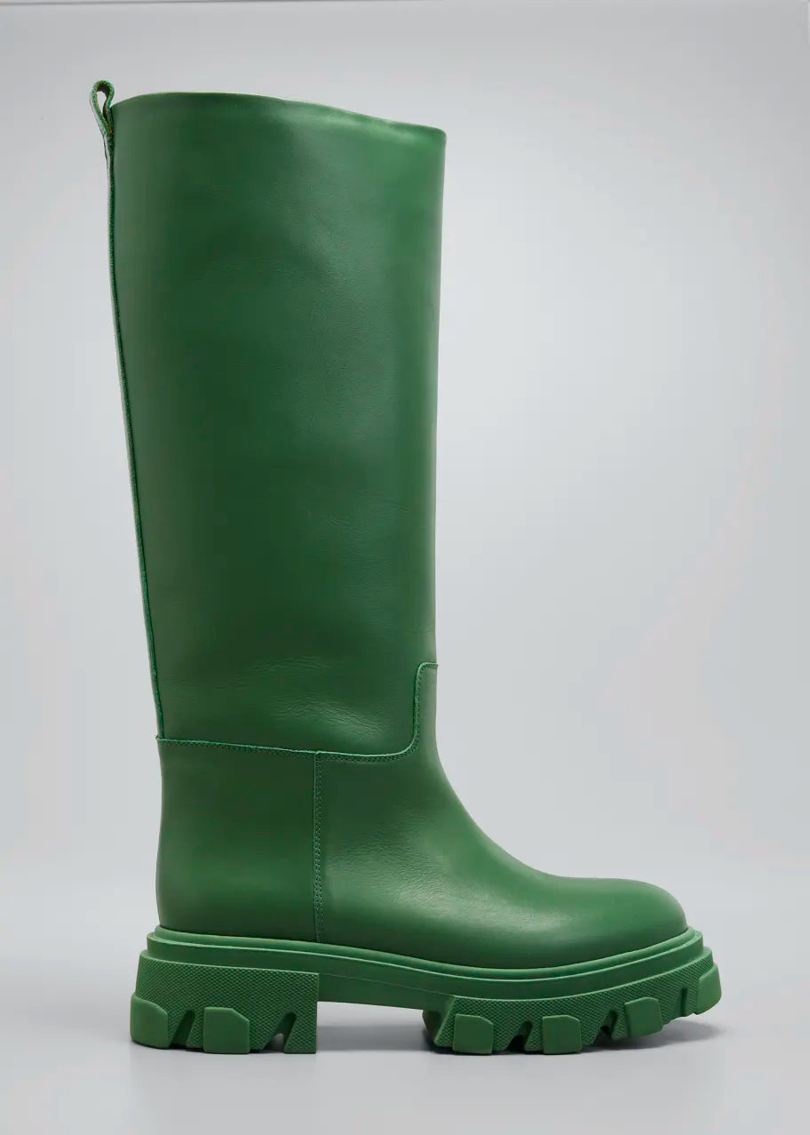Gia Borghini x Pernille Tall Green Leather Knee High Rain Boots | Size 38.5